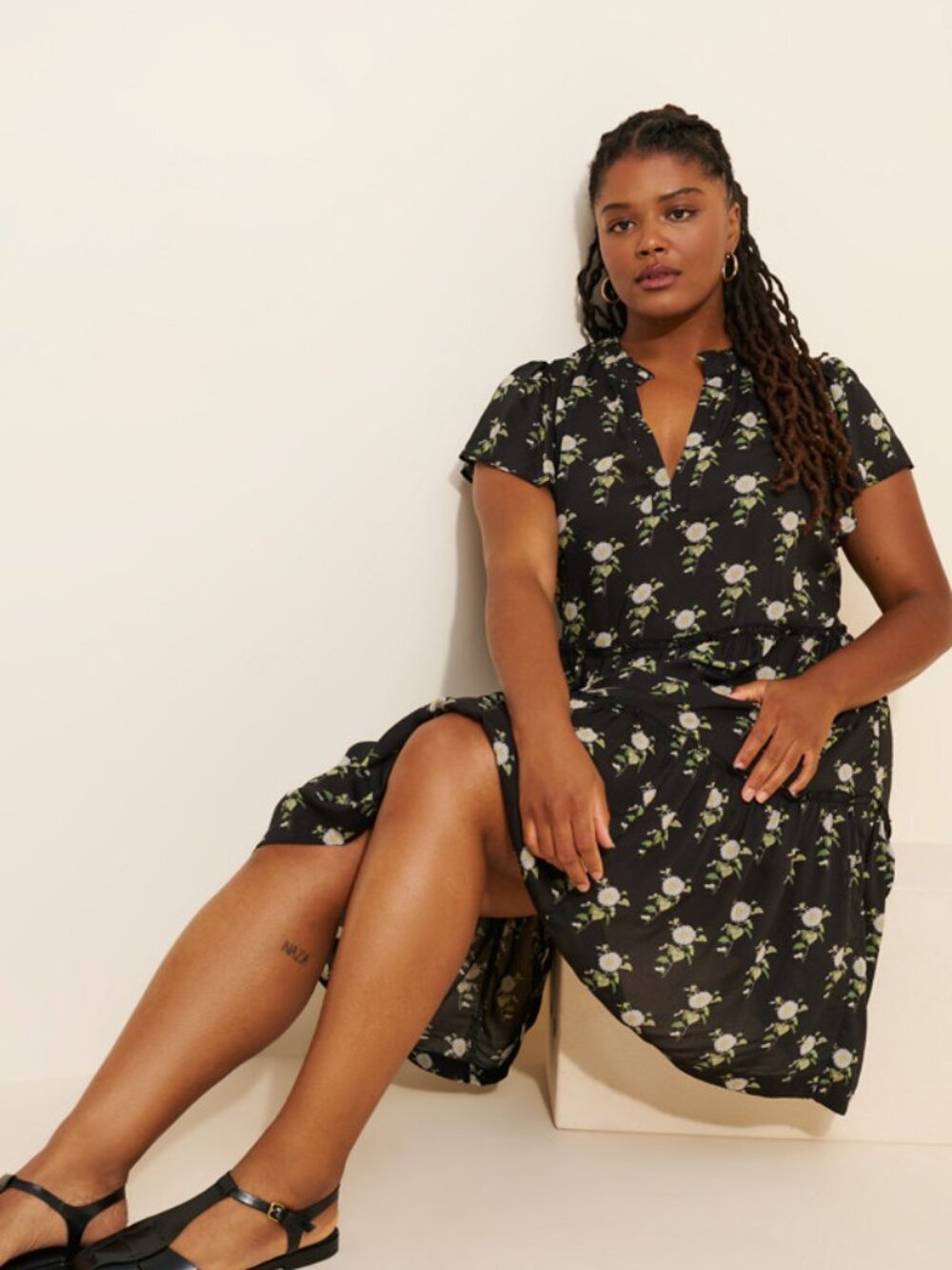 Anthropologie Ruffle-Sleeve V-neck Mini Dress in Black Multi